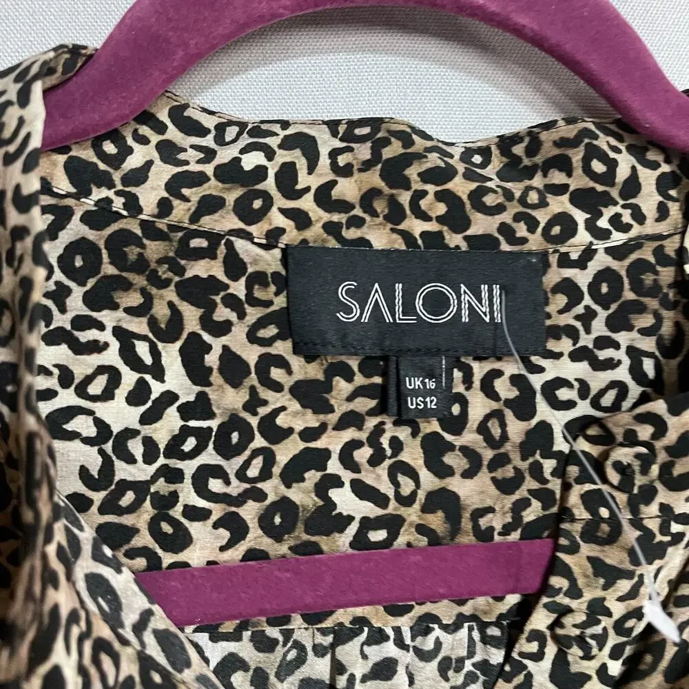 Saloni Button Down Top Women US 12 Brown Cheetah Flutter Silk Blouse Classic - Picture 4 of 9